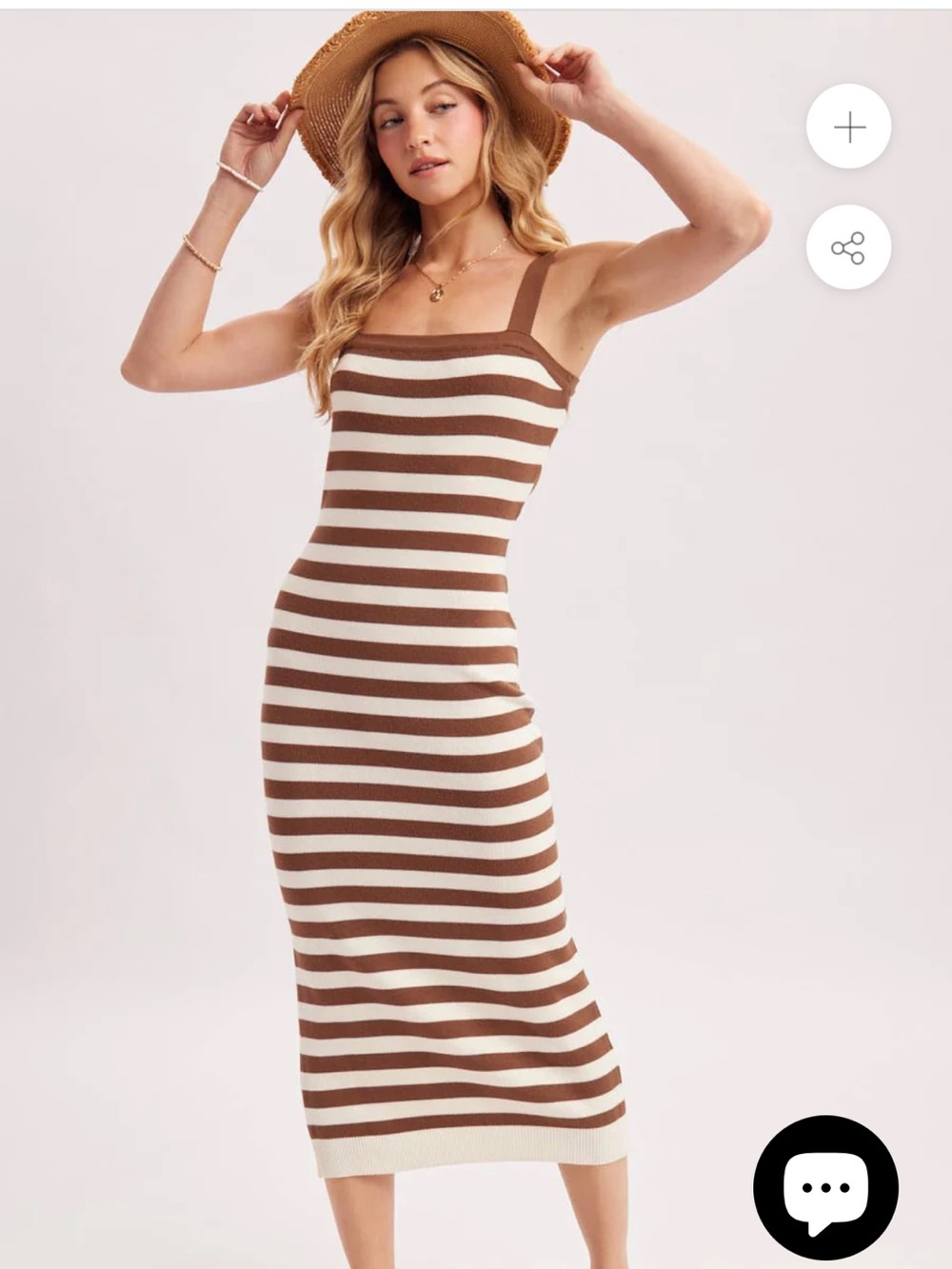 Sleeveless Brown and Cream Striped Knit Midi Dress